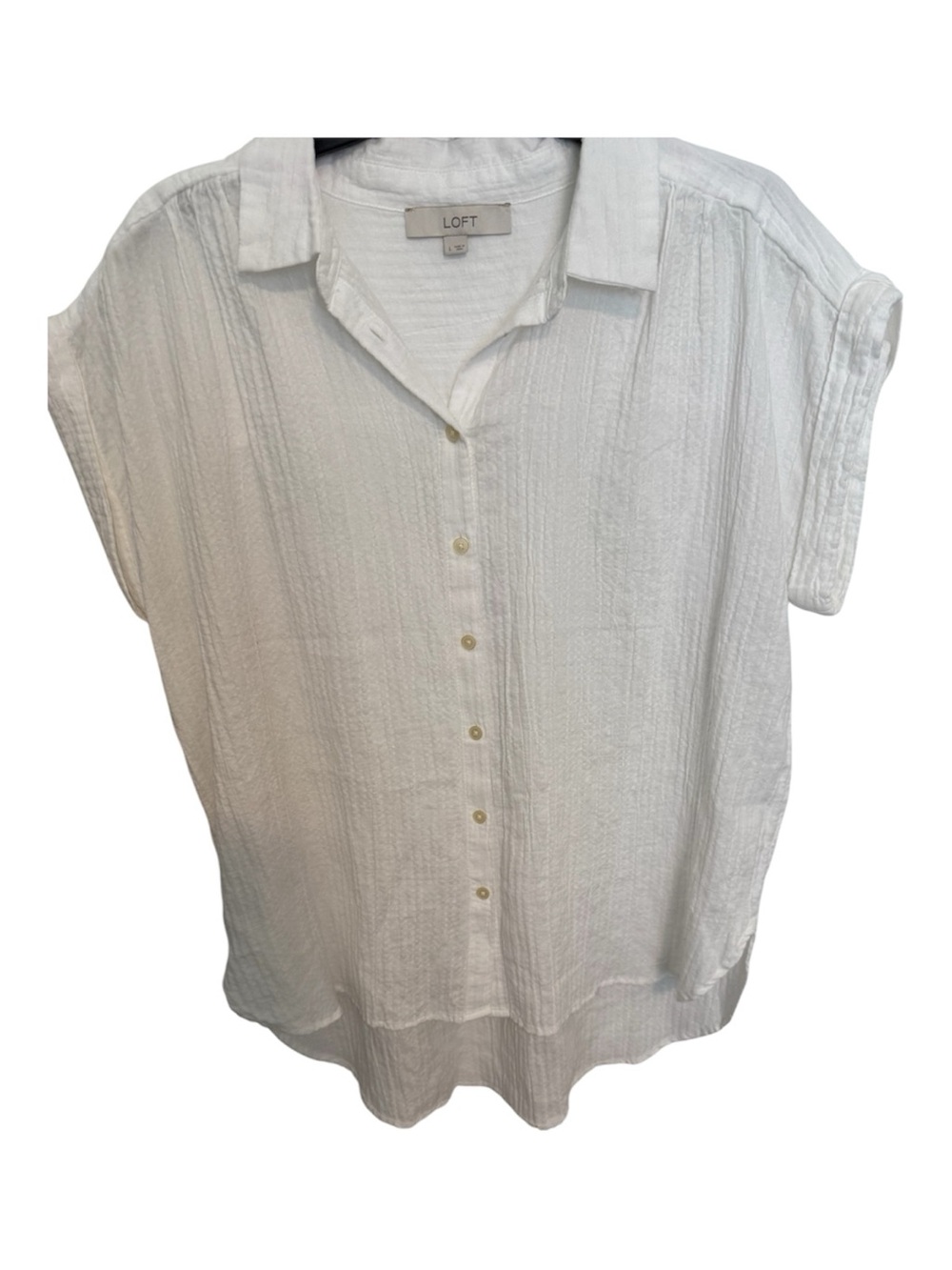 LOFT White Textured Button-Front Short Sleeve Blouse